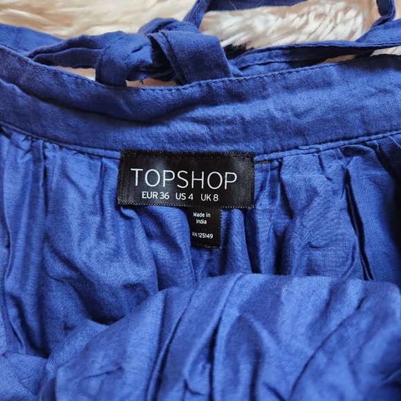 Topshop Blue Cotton Pleated A-Line Mini Skirt with Bow Tie Back - Size 4 - Picture 4 of 9